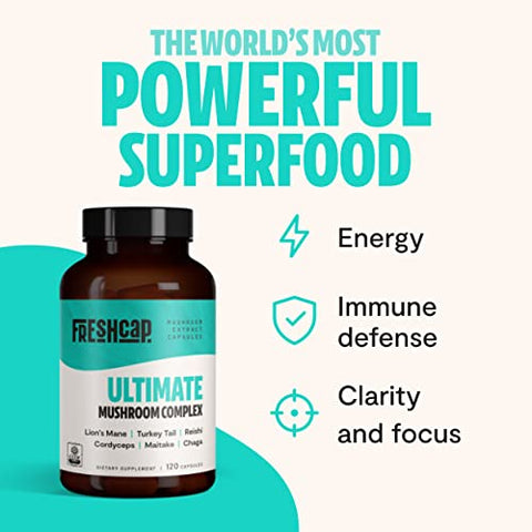 FreshCap Mushrooms - FreshCap Ultimate Mushroom Complex – Lions Mane, Reishi, Cordyceps, Chaga, Turkey Tail, Maitake – Suporte Imunológico – 60 cápsulas
