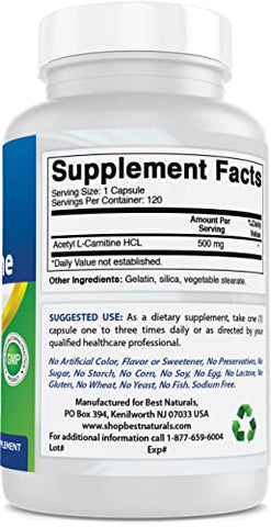 Best Naturals - Melhor Naturals Acetyl L-Carnitina 500 Mg 120 Cápsulas (Pack com 3) – Aumente sua energia e metabolismo