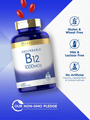 Vitamina B12 Absorvível 1000mcg | 400 Softgels | Sem OGM e Livre de Glúten | Marca Carlyle - Carlyle