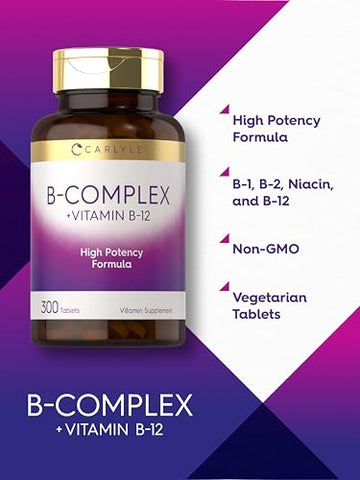 B-Complex Vitamina com B12 | 300 Comprimidos | Fórmula de Alta Potência | Suplemento Vegetariano e Não-OGM - Carlyle