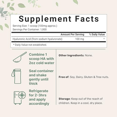 Micro Ingredients - Sérum de Ácido Hialurônico em Pó, 100g | Alto Peso Molecular, Grau Cosmético | Suplementos para Hidratação e Suporte à Umidade da Pele | Vegano, Solúvel em Água (Em até 2 horas)