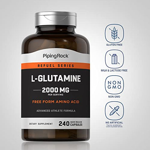 Cápsulas de L-Glutamina | 2000 mg | 240 Unidades | Suplemento de Aminoácidos Livre de OGM e Glúten | Forma Livre | Não Repetir Palavras - Piping Rock