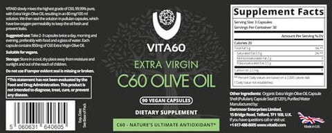 VITA60 - Cápsulas de Óleo C60 | Vitalidade Antienvelhecimento e Suporte Antioxidante | C60 Puro 99,99% Livre de Solventes | Óleo Orgânico | Amigável aos Veganos | Atendimento ao Cliente Superior (Azeite)