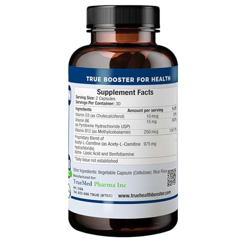 TRUEMED - Suplemento Neuro e Nerve Support de Alta Potência com Acetil-L-Carnitina, Tiamina, Piridoxina HCl e Vitamina B12 – 60 Cápsulas Vegetais