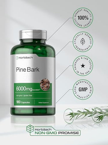 Extrato de Casca de Pinheiro Horbäach | 6000 mg | 180 Cápsulas | Padronizado para Conter 75%% Proantocianidinas | Suplemento Sem OGM e Sem Glúten | Alta Potência