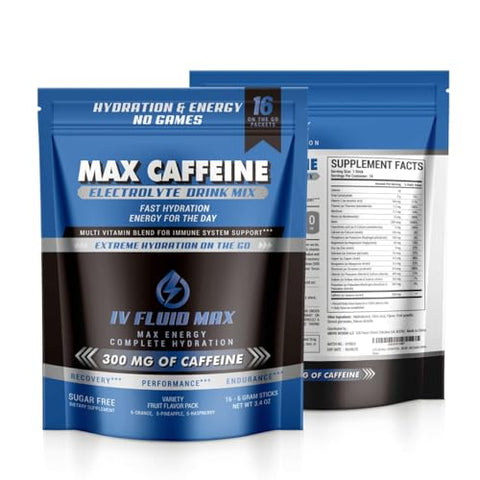 IV FLUID MAX - Hidratação Acelerada – 300 mg de Cafeína – Mistura Energética de Bebida Eletrolítica – Bebida Pré-Treino/Recuperação