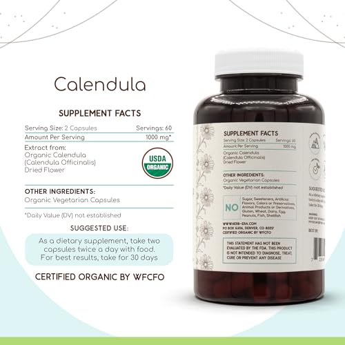 HerbEra - Calendula Orgânica USDA 120 Cápsulas | Suplemento Herbal Natural | Cápsulas Vegetarianas Certificadas Orgânicas e Flor de Calêndula (Calendula officinalis) Seca (120 Cápsulas)