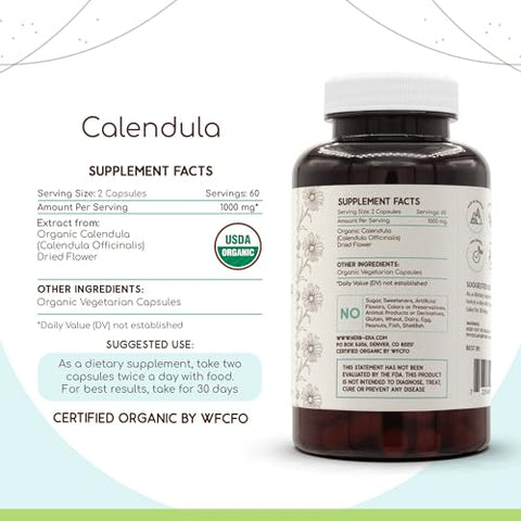 HerbEra - Calendula Orgânica USDA 120 Cápsulas | Suplemento Herbal Natural | Cápsulas Vegetarianas Certificadas Orgânicas e Flor de Calêndula (Calendula officinalis) Seca (120 Cápsulas)