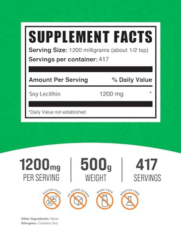 com Pó de Lecitina de Soja – Suplemento de Lecitina, Pó de Lecitina 1200mg – Grau Alimentício, Sem Glúten, 1200mg por Porção, 500g (1.1 lbs) (Embalagem de 1) - BulkSupplements