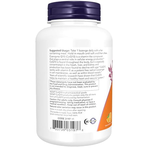 CoQ10 200 mg – Grau Farmacêutico, Forma All-Trans produzida por Fermentação – 90 Pastilhas - NOW Foods
