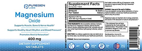 P Puregen Labs - Magnésio 400mg [Alta Potência] – Óxido de Magnésio para Suporte Imunológico, Recuperação Muscular, Cãibras nas Pernas, Relaxamento – 3 Pacotes | Total de 360 Cápsulas