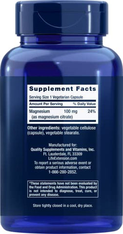 Magnesium Citrate 100mg – 180 Cápsulas Vegetais – Suplemento Natural de Magnésio – Suporte Mineral 100 mg – Vegano, Vegetariano, Não-OGM - Life Extension