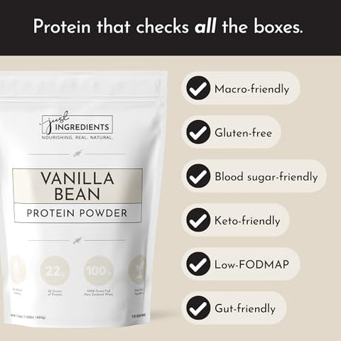 Proteína em Pó JUST INGREDIENTS | Proteína de Baunilha Feita com 100% Whey de Pasto, Não Desnaturada | Quatro Fontes de Proteína de Alimentos Orgânicos | 15g