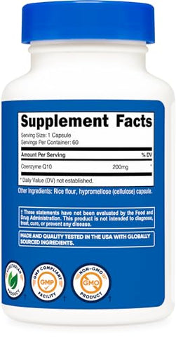 CoQ10 200mg – Cápsulas Vegetarianas de Alta Absorção, 60 Unidades – Coenzima Q10 Vegetariana, Não-OGM - Nutricost