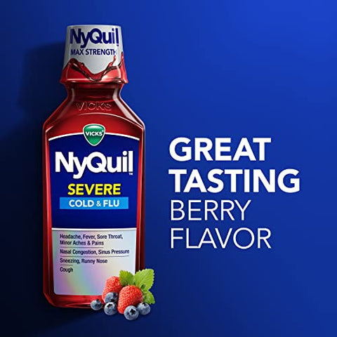 NyQuil SEVERE – Remédio para Gripe, Resfriado e Congestão, 2×360 ml, Sabor de Frutas Vermelhas, Máxima Potência, Alívio Noturno - Vicks