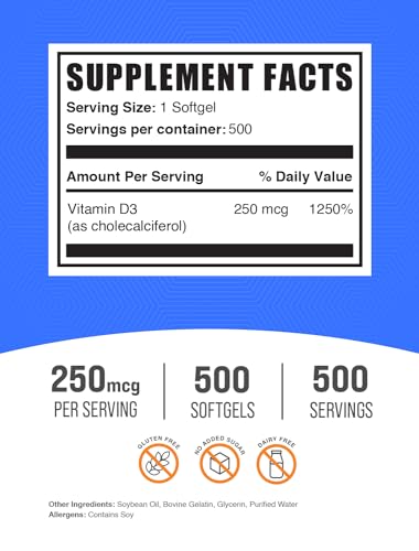 BulkSupplements - Vitamina D3 10000UI Softgels – Cholecalciferol, Suplemento de Vitamina D, 10000 UI de Vitamina D – 1 Softgel de Vitamina D3 (250mcg de Vitamina D) por Porção – Suprimento de 500 Dias