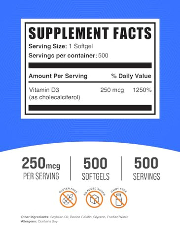 BulkSupplements - Vitamina D3 10000UI Softgels – Cholecalciferol, Suplemento de Vitamina D, 10000 UI de Vitamina D – 1 Softgel de Vitamina D3 (250mcg de Vitamina D) por Porção – Suprimento de 500 Dias