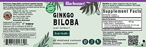 Bluebonnet - BlueBonnet Extrato de Folha de Ginkgo Biloba, 60 Cápsulas – Suplemento de Extrato de Folha de Ginkgo Biloba BlueBonnet, 60 Cápsulas