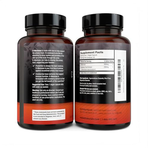Cápsulas de D-Mannose 500mg com Extrato de Cranberry – Nested Naturals, D Mannose Cranberry Pills, Tratamento Urinário