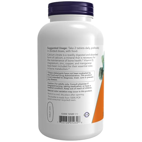 Suplementos, Citrato de Cálcio com Vitamina D, Magnésio, Zinco, Cobre e Manganês, 250 Comprimidos - NOW Foods