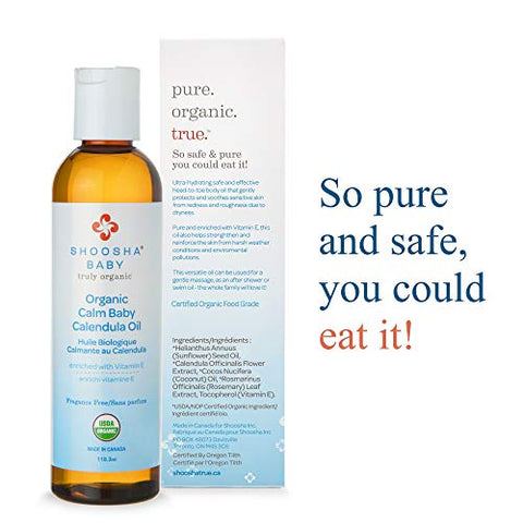 Óleo de Calêndula Orgânico Shoosha Sem Fragrância, para Bebês, Óleo de Calêndula Real, Óleo de Massagem Hidratante de Calêndula, Hipoalergênico, Sem Glúten, 100% Biodegradável