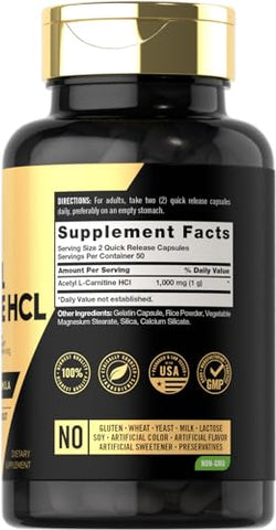 Acetyl L-Carnitine HCL Cápsulas | 1000mg | 100 Unidades | Suplemento Sem OGM e Sem Glúten - Carlyle