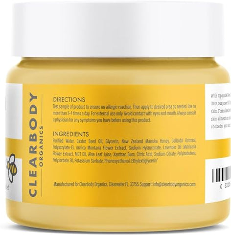 Clearbody Organics - Creme Clearbody Manuka Honey para Eczema – Hidratante Orgânico de Mel para Aliviar Pele Seca e com Coceira – Loção de Mel e Aveia Coloidal para Eczema, Fórmula à Base de Plantas