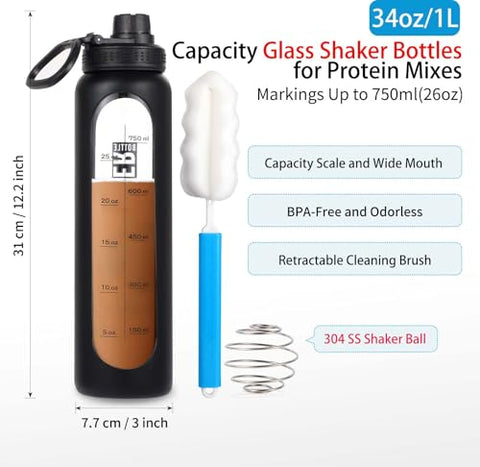 RhythmFit - Garrafa Shaker de Vidro, 1L Livre de BPA com Esfera de Aço Inoxidável 304 e Escova de Limpeza Retrátil para Misturas de Proteínas Fitness (Preto)