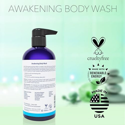 PURA D'OR - PURA D’OR Body Wash Despertar (480ml x3 = 1440ml) Aloe Vera, Camomila, Lavanda, Tea Tree para Fragrância Terrosa Revigorante, pH Balanceado para Pele Hidratada e Macia, Sensação de Frescor, Tudo