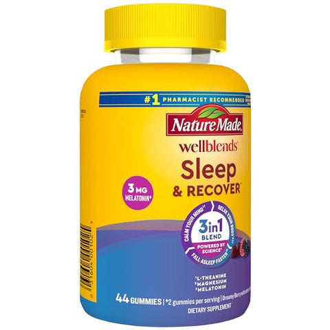 Wellblends Sleep and Recover – Auxílio para Dormir com Melatonina 3mg, L-teanina 200mg e Citrato de Magnésio, 44 Gomas - Nature Made