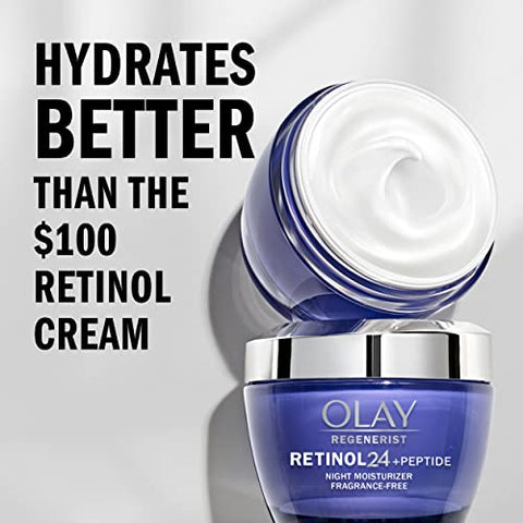 Regenerist Retinol Moisturizer 24 Noite Creme Facial com Niacinamida, Anti-Rugas Sem Fragrância 50ml + Olay Whip Tamanho Viagem para Pele Seca - Olay