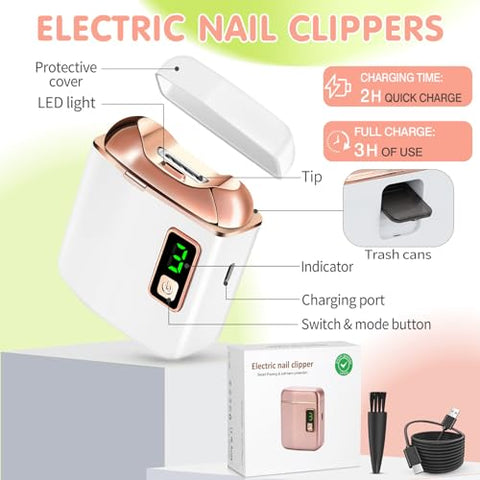 Northlet - Aparador de Unhas Elétrico com Luz LED, Recarregável por USB, Cortador de Unhas de 3 Velocidades para Bebês, Crianças, Idosos e Adultos – Perfeito para Cuidados com as Unhas dos Idosos, Branco