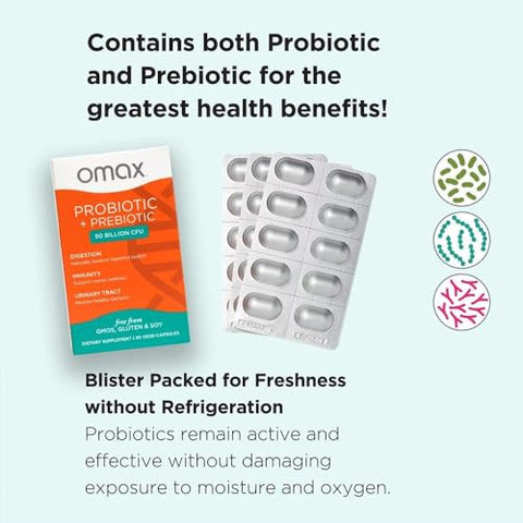 Vegan Probiótico Prebiótico, 50 Bilhões UFC, 10 Cepas Estudadas Clinicamente, Sem Laticínios, Não-OGM, Blister com 90 Cápsulas Vegetais - Omax3