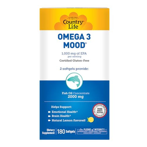 Ômega 3 Óleo de Peixe – Alta Concentração de Ácidos Graxos Ômega 3 EPA e DHA – 2000mg Óleo de Peixe para Saúde Emocional, Suporte ao Humor e Sem Sabor de Peixe – Natural - Country Life