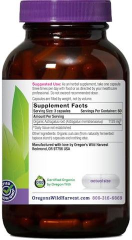 Oregon's Wild Harvest - Oregon’s Wild Harvest Cápsulas de Astragalus Orgânico Certificado Não-OGM para Suporte Imunológico de Longo Prazo – 180 Unidades