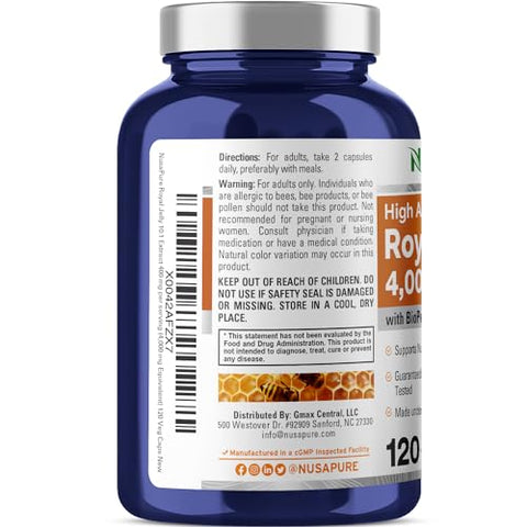 Royal Jelly 4000mg – 120 Cápsulas Vegetais (Sem OGM, Sem Glúten, Bioperina) - NusaPure