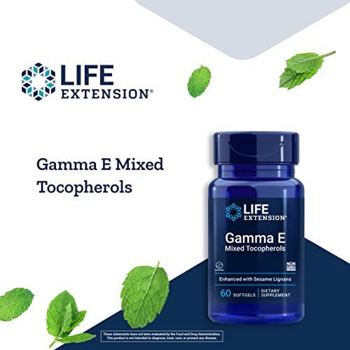 Suplemento de Vitamina E Completa D-Alpha da Life Extension Gamma E Mixed Tocopherols para Saúde Cardíaca e Cuidados com a Pele – Livre de Glúten, Não-OGM – 60 Softgels