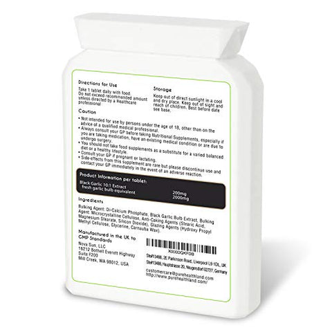 Pure Healthland - Suplemento de Alho Negro Sem Glúten ODORLESS em Cápsulas. Alta Potência Equivalente a 2000mg de Bulbos de Alho Fresco. Adequado para Tablets Veganos Vegetarianos. Fabricado no Reino Unido (1 Frasco)