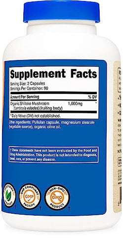 Cápsulas de Shiitake Orgânico 1000mg, 90 Porções – Certificado CCOF, Orgânico, Vegetariano, Sem Glúten, 500mg por Cápsula, 180 Cápsulas - Nutricost