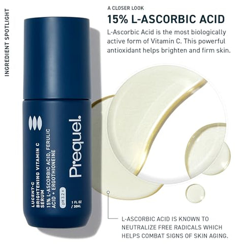 Skin – Sérum Facial de Vitamina C Lucent-C – Tratamento Facial com Ácido L-Ascórbico e Ácido Ferúlico – 30ml - Prequel