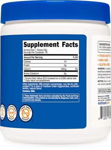 Pó de Colostro 227g, Lactoferrina e Mínimo de 30%% Imunoglobulinas (IgG), do Colostro Bovino, 3g Por Porção, 76 Porções - Nutricost