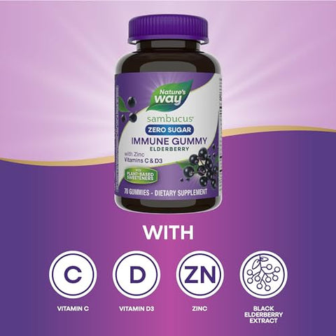 Nature's Way - Nature’s Way Sambucus Gummies Zero Açúcar, Suporte Imunológico Diário, Extrato de Sabugueiro Negro, Vitamina C, Vitamina D3, Zinco, Livre de Açúcar, Livre de Álcool Açucarado, Baseado em Plantas