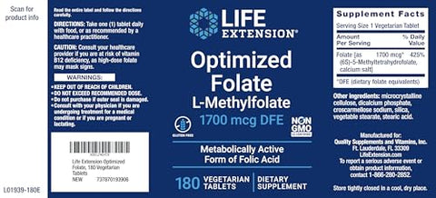 Folate Otimizado (L-Metilfolato) 1700 mcg DFE, 180 Comprimidos Vegetais - Life Extension
