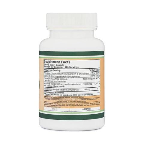 Double Wood Supplements - Methylated Multivitamin – Complexo B Metilado com TMG e Metilfolato (Suplemento MTHFR sem OGM, Sem Glúten) 120 cápsulas