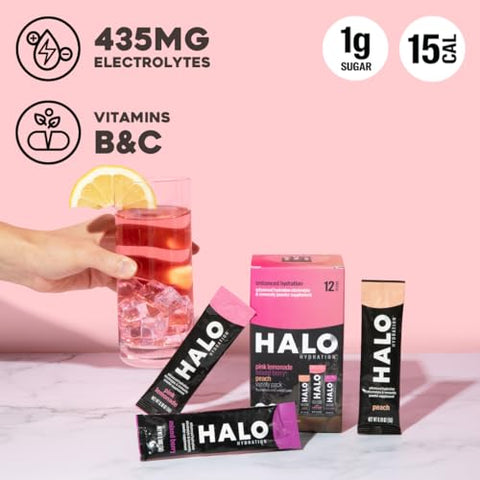 HALO Sport - HALO Hydration – Mistura de Bebida Eletrolítica | Sachês de Pó para Hidratação | Pack Variado (Limão Rosa, Pêssego, Frutas Vermelhas) – Para Esportes e Ciclismo | Embalagem Individual de Fácil Abertura | 12 Sachês