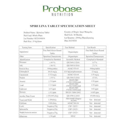 Probase Nutrition - Suplemento Orgânico de Spirulina, 3000MG Por Porção, Aprox. 720 Comprimidos (4 Meses de Fornecimento), Rico em Prebióticos