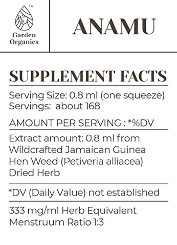 Garden Organics - Anamu Extrato de Tintura Natural sem Álcool, Fortalecedor do Sistema Imunológico, Gotas Líquidas Feitas a partir de 100% Erva Seca de Erva-de-Guiné Jamaicana (Petiveria alliacea) Selvagem (120 ml)