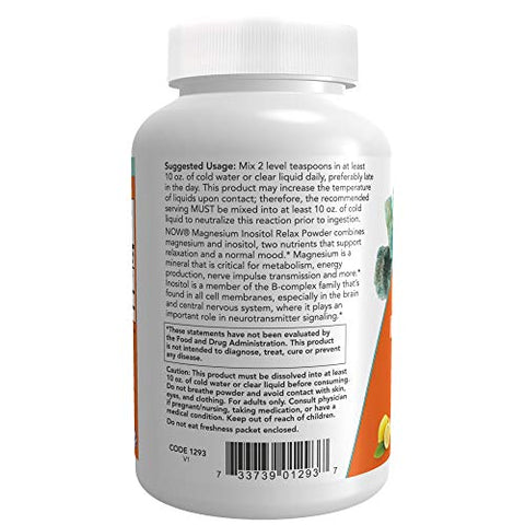 Suplementos, Magnésio Inositol Relax em Pó, Suporte ao Sistema Nervoso*, Sabor Limonada Efervescente, 16-Ounce (473 ml) - NOW Foods