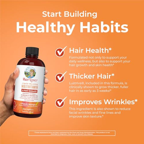 MaryRuth Organics - MaryRuth’s Lustriva® Hair Growth Liquid Multivitamin | Biotin 10000mcg | Vitamina D | Vitaminas do Complexo B | Testado Clinicamente para Cabelos Mais Espessos, Rugas, Linhas Finas, Cuidados com a Pele |