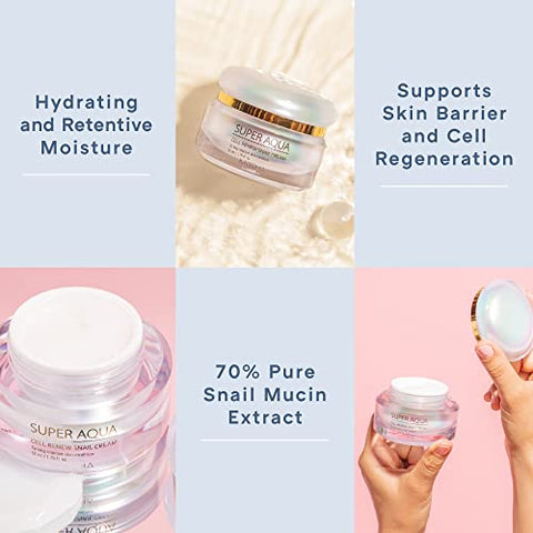 Super Aqua Cell Renew Snail Cream 52ml – Fórmula anti-envelhecimento e iluminadora com 65% de extrato de muco de caracol, solução premium para pele danificada - MISSHA